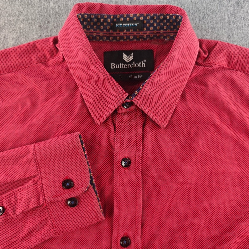 Buttercloth Icy Cotton Slim Fit Shirt Mens Large Red Micro Dot Long Sleeve